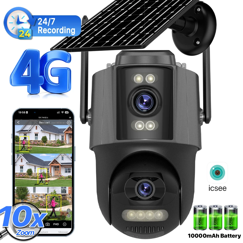 4G Sim Solar Camera 24 Hours Record Three lens 10X Zoom Camera Outdoor IP66 Waterproof 9W Solar Panel Built-in Battery iCSee