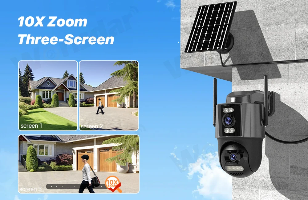 4G Sim Solar Camera 24 Hours Record Three lens 10X Zoom Camera Outdoor IP66 Waterproof 9W Solar Panel Built-in Battery iCSee - Image 9