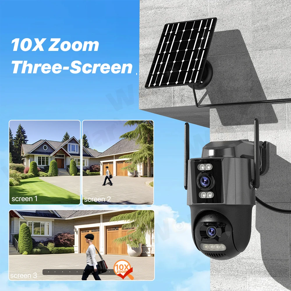 4G Sim Solar Camera 24 Hours Record Three lens 10X Zoom Camera Outdoor IP66 Waterproof 9W Solar Panel Built-in Battery iCSee - Image 5