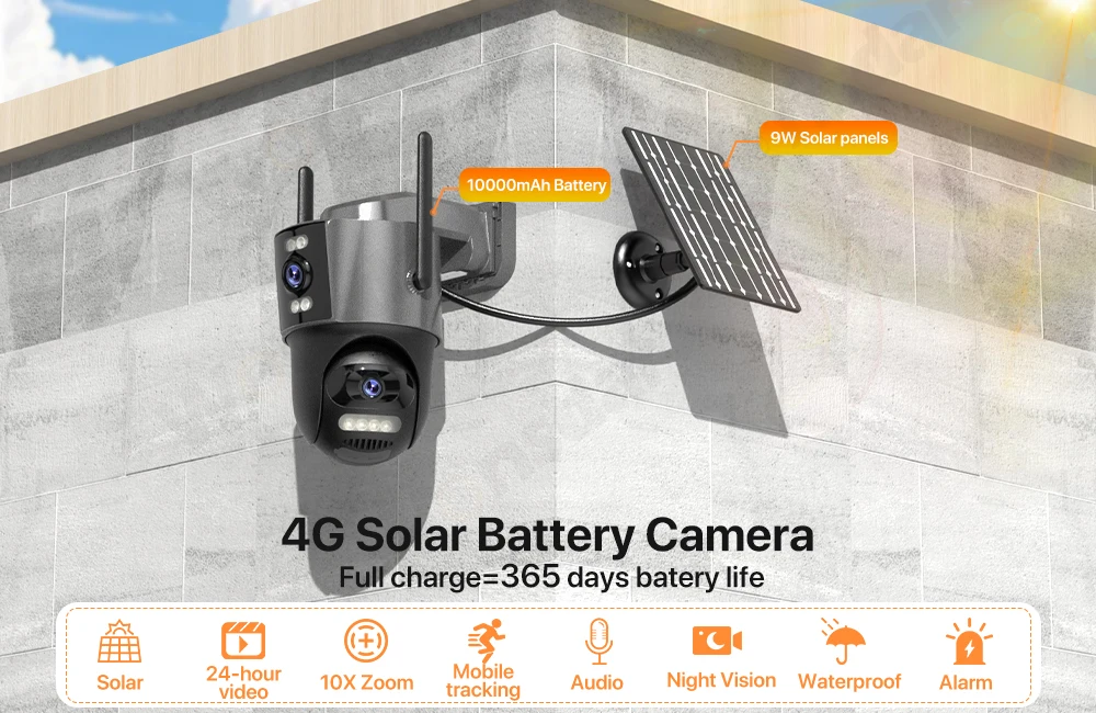 4G Sim Solar Camera 24 Hours Record Three lens 10X Zoom Camera Outdoor IP66 Waterproof 9W Solar Panel Built-in Battery iCSee - Image 7